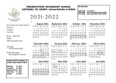 Calendar - Presentation Secondary School Listowel